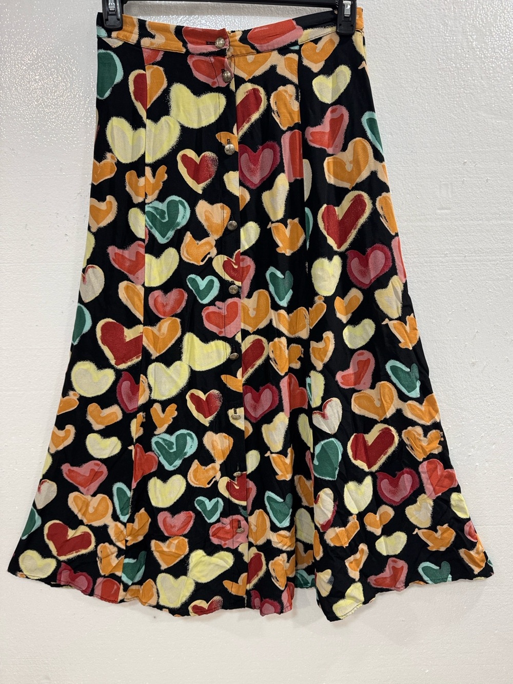 Vintage Terry Ward Black Multicolor Gored Button Front Midi Skirt Size L Retro - Picture 2 of 11